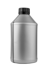 Gray plastic oil canister on a white isolated background with place for text.