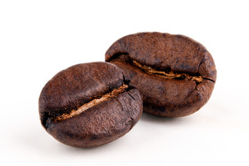 two coffee beans on a white isolated background close-up