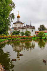 Church of St. Nicholas the Wonderworker and garden pond in Tolga convent in Yaroslavl, Russia