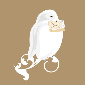 cute white snowy owl holding mail - bird and letters envelopes vector design