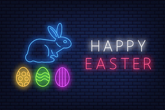 Happy Easter neon sign, banner image lettering on dark brick wall background. Vector illustration EPS 10.