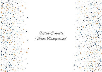 Festive color star confetti background. Abstract frame confetti texture for holiday, postcard, poster, website, carnivals, birthday and children's parties. Cover confetti mock-up. Wedding star layout