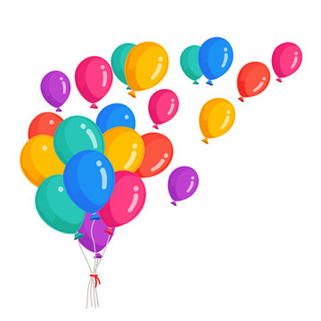 Bunch of helium balloon, flying air balls  isolated on white background. Happy birthday, holiday concept. Party decoration. Vector cartoon design