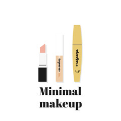 Minimal makeup. Composition with basic beauty products: lipstick, concealer and mascara. Vector illustration, flat design