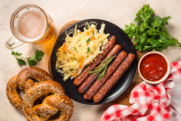 Sausage, sauerkraut, bretzels and beer.