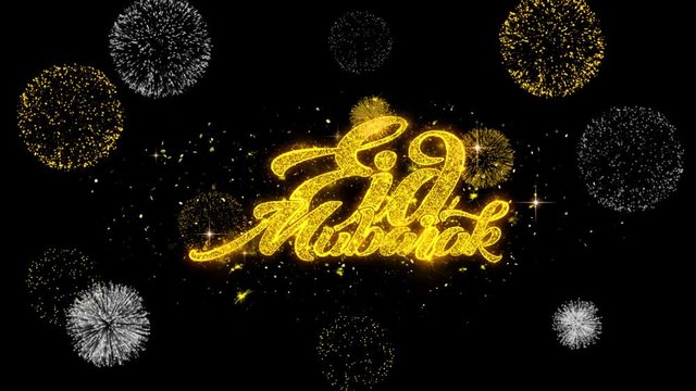 Eid Mubarak Text Wish Reveal on Glitter Golden Particles Firework. Greeting card, Wishes, Celebration, Party, Invitation, Gift, Event, Message, Holiday, Festival 4K Loop Animation.