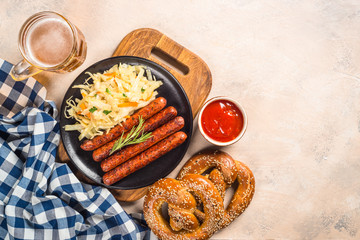 Sausage, sauerkraut, bretzels and beer.