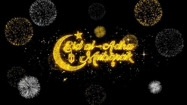 Eid al-Adha mubarak Text Wish Reveal on Glitter Golden Particles Firework. Greeting card, Wishes, Celebration, Party, Invitation, Gift, Event, Message, Holiday, Festival 4K Loop Animation.