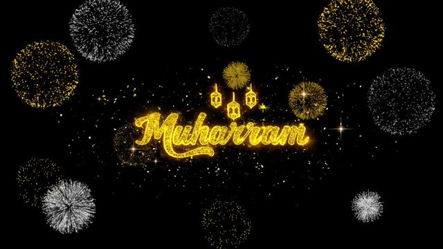 Muharram Text Wish Reveal on Glitter Golden Particles Firework. Greeting card, Wishes, Celebration, Party, Invitation, Gift, Event, Message, Holiday, Festival 4K Loop Animation.