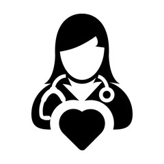 Health icon vector female doctor person profile avatar with stethoscope and heart symbol for cardiologist medical consultation in Glyph pictogram illustration