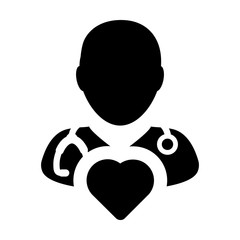 Surgeon icon vector male doctor person profile avatar with stethoscope and heart symbol for cardiologist medical consultation in Glyph pictogram illustration