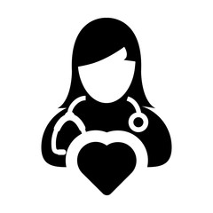 Healthcare icon vector female doctor person profile avatar with stethoscope and heart symbol for cardiologist medical consultation in Glyph pictogram illustration