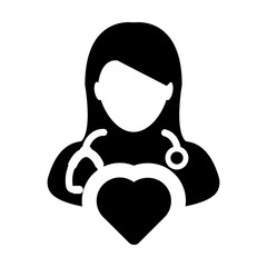 Cardiologist icon vector female person profile avatar with stethoscope and heart symbol for medical consultation in Glyph pictogram illustration