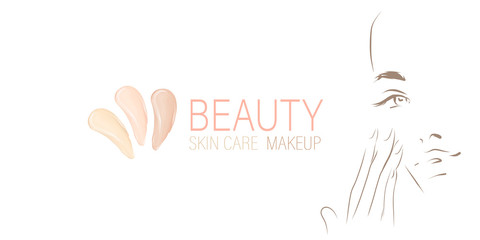 Fototapeta premium Hand-drawn design elements on the theme of beauty: skin care, makeup. Face of young woman. Smears of foundation cream. Vector