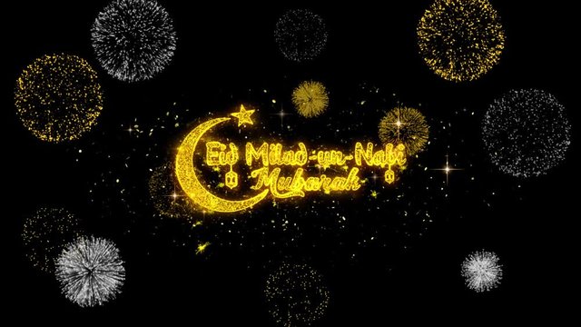 Eid Milad-un-Nabi Text Wish Reveal on Glitter Golden Particles Firework. Greeting card, Wishes, Celebration, Party, Invitation, Gift, Event, Message, Holiday, Festival 4K Loop Animation.