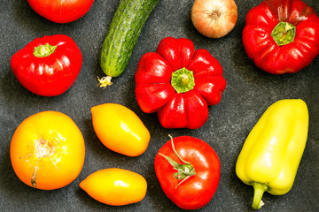 New harvest of vegetables background. Top view. Close-up. Vegetarian or vegan or raw food and eating right concept.