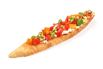 Bruschetta with tomatoes, mozzarella cheese, garlic sauce and basil. Spanish Tapas and Pinchos, isolated on white background