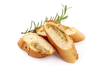 Sliced French Baguette with garlic, isolated on white background