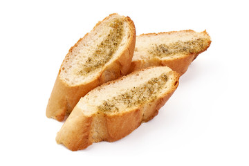 Sliced French Baguette with garlic, isolated on white background