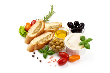 Sliced French Baguette with garlic and spices, isolated on white background