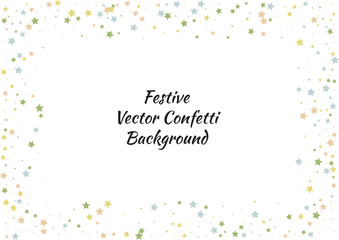 Festive color star confetti background. Abstract frame confetti texture for holiday, postcard, poster, website, carnivals, birthday and children's parties. Cover confetti mock-up. Wedding star layout