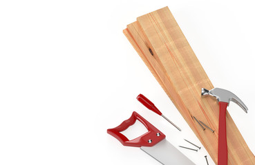 Do it yourself tools and wooden boards on a white background with a place for your information. 3D rendering