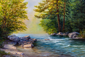 Oil painting landscape , colorful summer forest, beautiful river with a waterfall