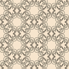Seamless vector texture of color elements and abstract round shape of dark color on a beige background in linear style.