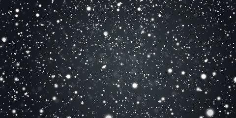 Falling Christmas Shining snow, fog and wind at dark night sky. Heavy snowfall, snowflakes different shapes and forms. Winter Holidays Storm with snowflakes flying in the air. vector illustration.