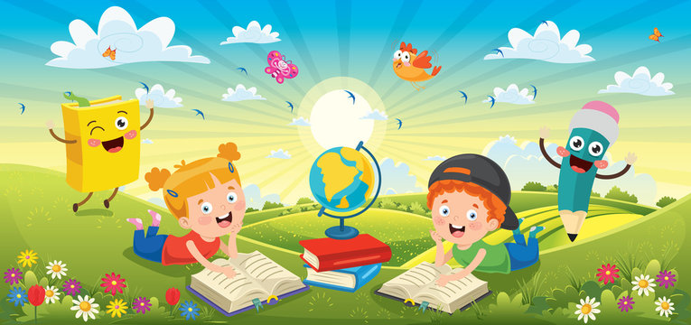 Children Having Fun At Spring Landscape
