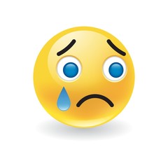 Sad upset little yellow round emoticon crying with a large blue teardrop and morose expression over white with drop shadow, vector illustration