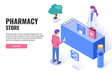 Pharmacy store concept. Patient and pharmacist doctor. Web banner, infographics. Vector illustration.