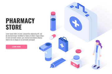 Pharmacy store concept. Female pharmacist doctor. Web banner, infographics. Vector illustration.