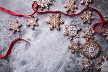 Gingerbread with icing. Traditional sweet cookies with honey, cinnamon.