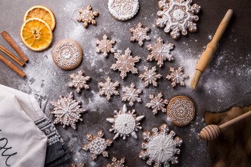 Fototapeta na wymiar Iced gingerbreads. Traditional homemade spice cookies. Christmas cookies