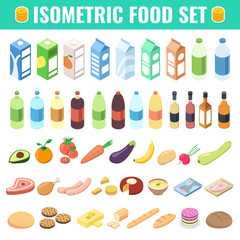 Gastronomy icons set in isometric 3d style. Food and drinks isolated on white background. Isometric vector illustration.