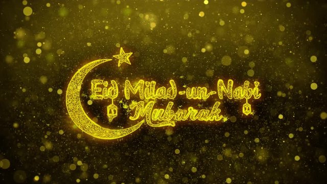 Eid Milad-un-Nabi wish Text Golden Glitter Glowing Lights Shine Particles. Greeting card, Wishes, Celebration, Party, Invitation, Gift, Event, Message, Holiday, Festival 4K Loop Animation.