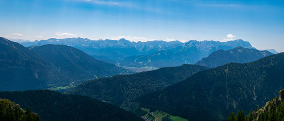 Garmisch-Partenkirchen mit der Sprungschanze vom Berg Laber aus gesehen.