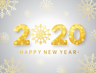 Fototapeta na wymiar 2020 Happy New Year background with glitter golden numbers and stars. Gold glitter, sparkles and stars. Luxury bright festive design for greeting card, banner, poster. Vector illustration
