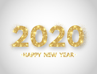 Happy New Year 2020 background. Gold glitter numbers 2019 and text on white backdrop. Christmas holiday celebration design. Luxury festive design for greeting card. Vector illustration