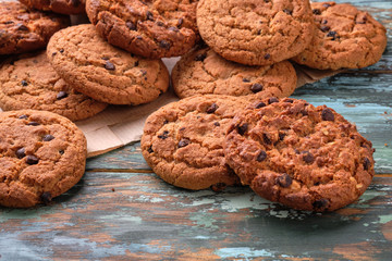 Cookies with chocolate closeup. Homemade cookies. A mountain of cookies.