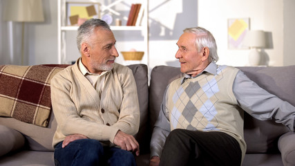 Positive senior men looking each other sitting home sofa, friendship emotions