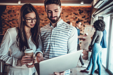 business colleagues use a laptop to work in the office