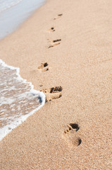 Beach, wave and footprints on the sand