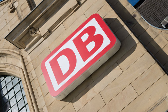 KOBLENZ, GERMANY - September 4, 2016: DB Logo at Koblenz Hauptbahnhof (main station). Deutsche Bahn AG is the largest railway operator and infrastructure owner in Europe.