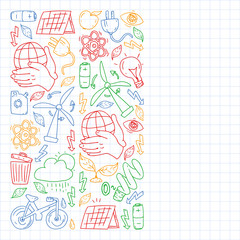 Vector logo, design and badge in trendy drawing style - zero waste concept, recycle and reuse, reduce - ecological lifestyle and sustainable developments icons. colorful. drawing on squared notebook.