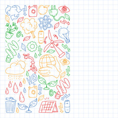 Vector logo, design and badge in trendy drawing style - zero waste concept, recycle and reuse, reduce - ecological lifestyle and sustainable developments icons. colorful. drawing on squared notebook.
