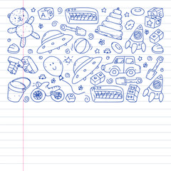 Vector pattern with kindergarten, toy children. Happy children illustration. pen drawing on notebooks in a ruler.