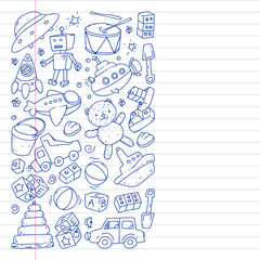 Vector pattern with kindergarten, toy children. Happy children illustration. pen drawing on notebooks in a ruler.
