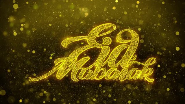 Eid Mubarak wish Text Golden Glitter Glowing Lights Shine Particles. Greeting card, Wishes, Celebration, Party, Invitation, Gift, Event, Message, Holiday, Festival 4K Loop Animation.